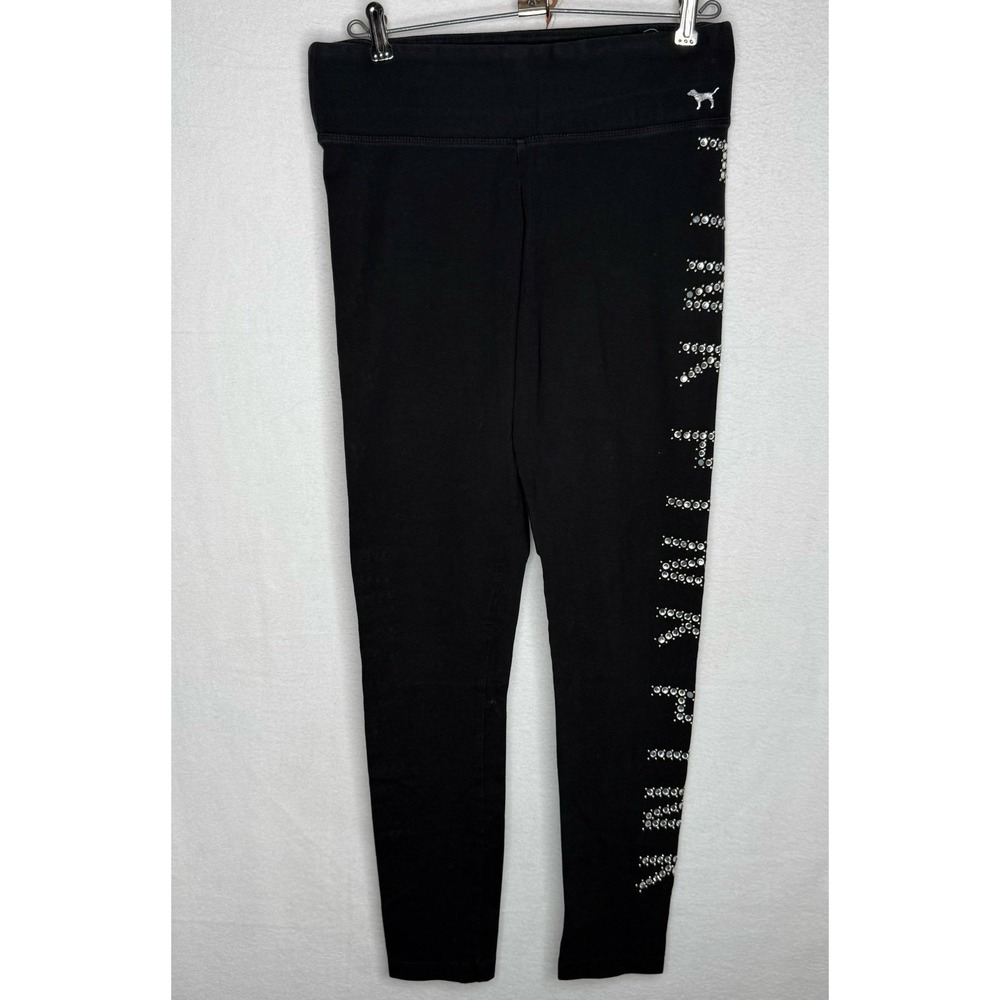 PINK Victoria's Secret Bling Logo Leggings Sz M Black Rhinestone Yoga Athletic